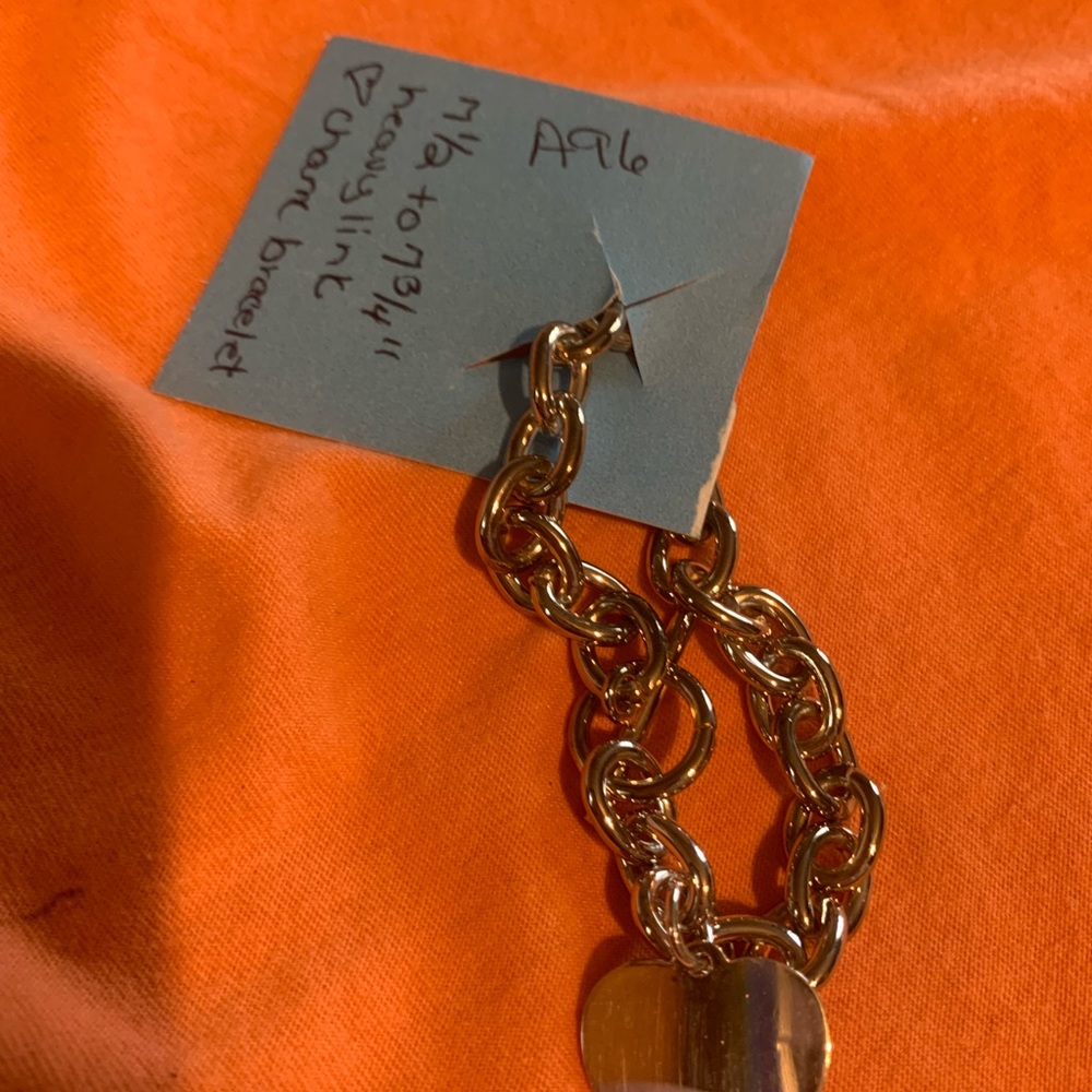 Heavy Link Silver Tone Heart Charm Bracelet Toggle Clasp